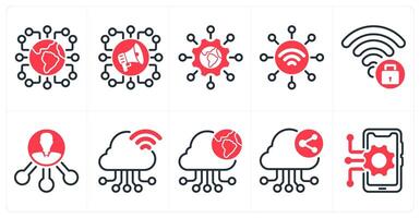 A set of 10 business and seo icons as connectivity, social campaign, global technology in red color vector