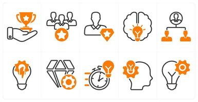 A set of 10 business icons as business achievement, leadership, pro member in orange color vector