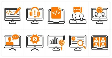 A set of 10 business icons as web designing, online support, web development in orange color vector