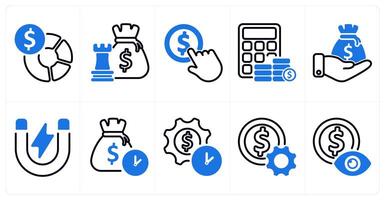 A set of 10 business icons as budget planning, money tactics, paid to click in blue color vector
