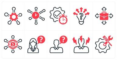 A set of 10 business icons as service network, time network, uncertanity in red color vector