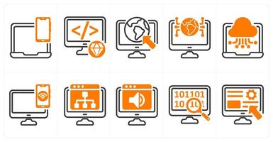 A set of 10 seo icons as responsive design, clean code, internet browsing in orange color vector