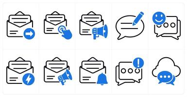 A set of 10 seo icons as email send, email subscription, email marketing in blue color vector