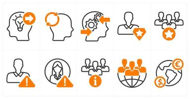 A set of 10 business icons as keyword forward, mind reload, decision making process in orange color vector