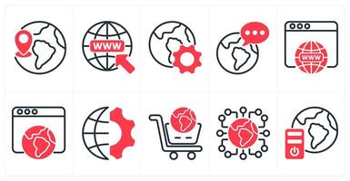 A set of 10 seo icons as global location, find web address, browser optimization in red color vector