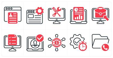 A set of 10 business icons as job apply, web service, online report in red color vector