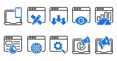 A set of 10 business and seo icons as responsive design, web design, landing page in blue color vector
