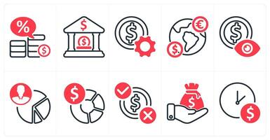 A set of 10 business icons as loan interest rate, bank deposit, money setting in red color vector