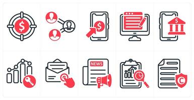 A set of 10 seo icons as target profit, business connectivity, pay per click in red color vector