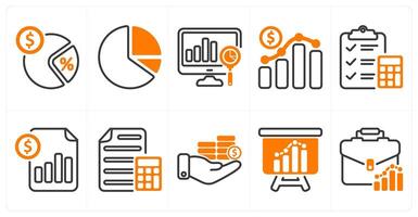 A set of 10 business icons as tax rate, pie chart, analysis in orange color vector