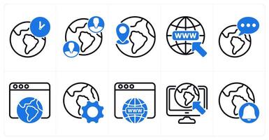 A set of 10 seo icons as global time zone, global communication, global location in blue color vector