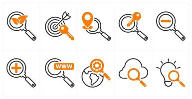 A set of 10 seo icons as organic search, target keywords, local seo in orange color vector