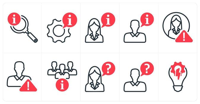A set of 10 business icons as search info, info setting, business instruction in red color vector
