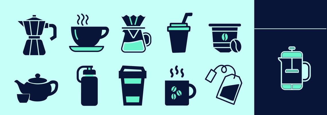 Coffee, tea set of icons with moka, chemex, coffee pod, beans, coffee mug, tea cup, teapot, expresso machine, tea bag, paper cups. Editable icon elements, size and color. Convertible to line icons.