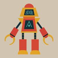 Geometric design features a red and yellow color scheme. The head is trapezoidal with a blue pattern resembling circuitry. The torso has a blue triangular motif. vector