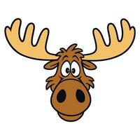 Cartoon moose head with exaggerated features. Large, pale yellow antlers extend outward, framing the face. The moose has wide, expressive eyes and a smiling brown muzzle with black nostrils. vector
