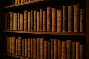Vintage Leather Bound Books on Wooden Library Shelves Reflecting History and Classic Literature in a Cozy Library Setting with Warm Lighting for Study and Inspiration in Education photo