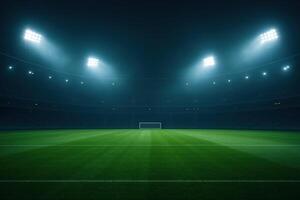Soccer Stadium at Night with Illuminated Floodlights and Fog on Empty Field, Capturing Atmospheric Sports Venue Mood photo