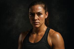 Portrait of Strong Female Athlete with Determined Expression and Chalk Dust Against Dark Background Highlighting Empowerment and Focus photo