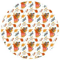 Autumn leaves and twigs in tea cup with lettering Hello Autumn Circular Pattern In trendy fall tint. Isolated illustration Background Thematic Greeting Cards, leaflet, label or web promo banner vector