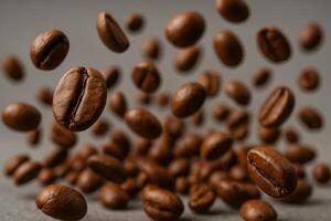 Super Slow Motion Close-Up of Flying Aromatic Coffee Beans Against Grey Background in Detailed Roasted Perspective photo