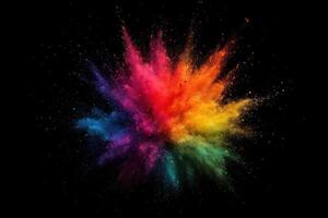 Vibrant Powder Paint Explosion on Black Background Highlighting Colorful Holi Festival Burst in Dynamic Motion Surrounded by Glittering Particles photo