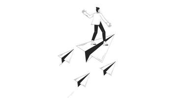 Visionary leader flying forward on paper plane doodle outline animation. Business navigation. Strategic direction man moving ahead animated sketch 2D concept isolated on white. 4K motion graphic video