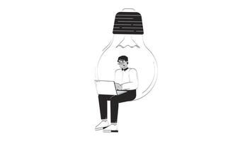 Professional arab man working on startup idea doodle outline animation. Innovation job. Creative entrepreneur in giant lightbulb animated sketch 2D concept isolated on white. 4K motion graphic video