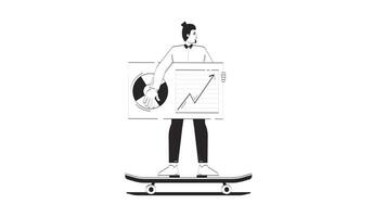 Businessman riding skateboard with data dashboard doodle outline animation. Agility analytics skateboarder. Business man skater animated sketch 2D concept isolated on white. 4K motion graphic video