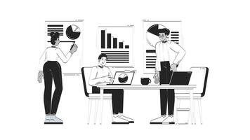 Diverse team analyzing business charts in office doodle linear animation. Collaborative strategy. Analysts brainstorm animated 2D outline characters sketch isolated on white. 4K motion graphic video