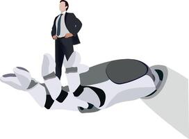 Businessman standing on robot hand with business card vector