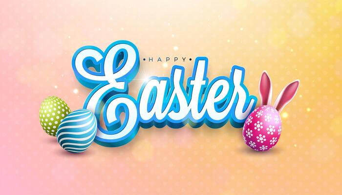 Happy Easter Illustration with Painted Egg and Rabbit Ears on Pink Background. International Religious Celebration Holiday Design with Typography Letter for Greeting Card or Banner.