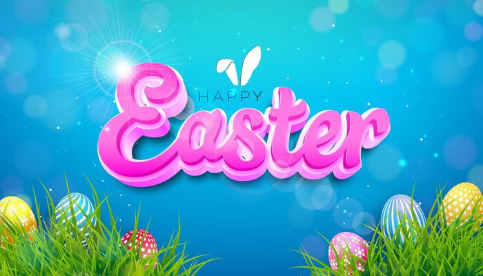Happy Easter Illustration with Painted Egg and Rabbit Ears on Blue Background. International Religious Celebration Holiday Design with Typography Letter