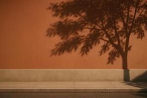 Tree Shadow on Terracotta Orange Wall with Sidewalk and Sunlight, Ideal for Nature and Background Concepts, Space for Design or Product Presentation, Earth Tone Exterior Scene, Horizontal View photo
