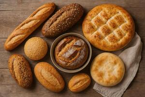 Assorted Bread Types on Rustic Wooden Surface Including Baguette and Sourdough for Culinary Art and Bakery Display with Natural Textures photo