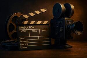Cinematic Clapperboard and Vintage Camera with Film Reel Under Dramatic Lighting in Retro Filmmaking Style photo