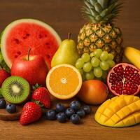 Assorted Fresh Fruits Display Including Watermelon Pineapple Apple Strawberry Kiwi Lemon Orange with Grapes and Mango for Healthy Eating Concepts photo