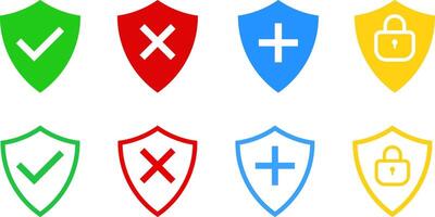 Shield with cross icon set. safety health shield. Protect security symbol. Health protection shield with plus sign. Medicine symbol vector