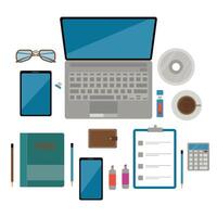 Top view of organized office desk featuring laptop coffee smartphone tablet notebook and other work items for modern workspace design vector