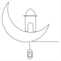 Continuous line drawing of Moon with Mosque and Lantern Islamic new year concept vector