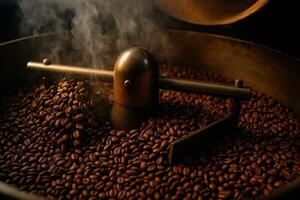 Aromatic Coffee Roasting Process with Steaming Fresh Beans and Vintage Roaster photo