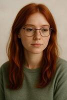 Portrait of a Woman with Striking Red Hair and Freckles, Wearing Glasses and Green Sweater, Expressing Serenity and Natural Elegance photo