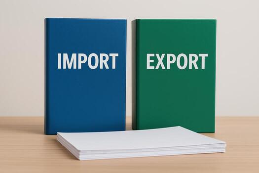 Import and Export Books with Stack of Blank Papers on Wooden Desk in Business Office Setting photo
