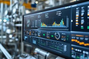 Modern monitoring system displaying real-time production data in factory. photo
