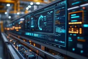 Modern control panel showing various charts and data in a high-tech environment photo