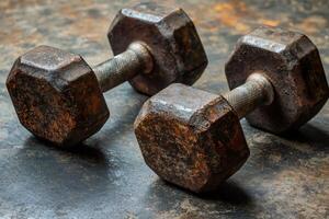 Rusty dumbbells resting on dark metal surface after strength training photo