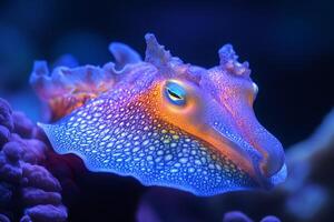 Headshield slug showing its rhinophores and beautiful colors in the reef photo