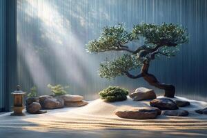 Sunlight illuminating bonsai tree in zen garden, creating tranquil atmosphere photo