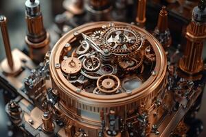 Complex clockwork mechanism with gears rotating smoothly photo