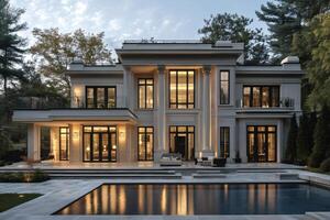 Modern luxury mansion with illuminated windows and swimming pool at dusk photo